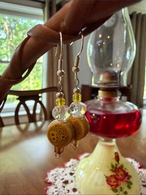 Yellow Bead Dangle Earrings with Crystal Accents - Women Jewelry